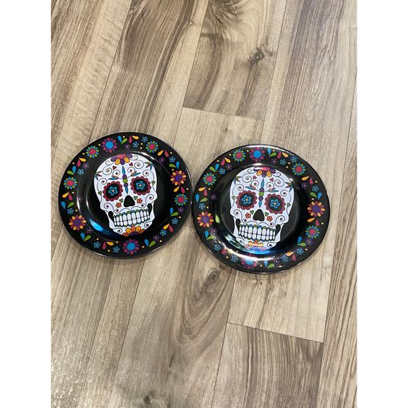 Pair of Black Sugar Skull Heavy Melamine  7-1/2" Snack Plates - Picture 3 of 5